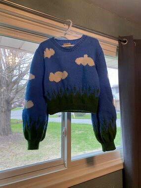 Lirika Matoshi Blue Cloud & Green Grass Cropped Knit Sweater